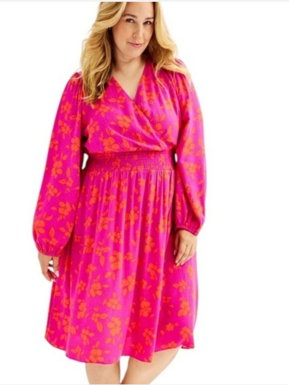 Draper James RSVP Hot Pink Orange Floral Wrap Top Fit Flare Dress 1X